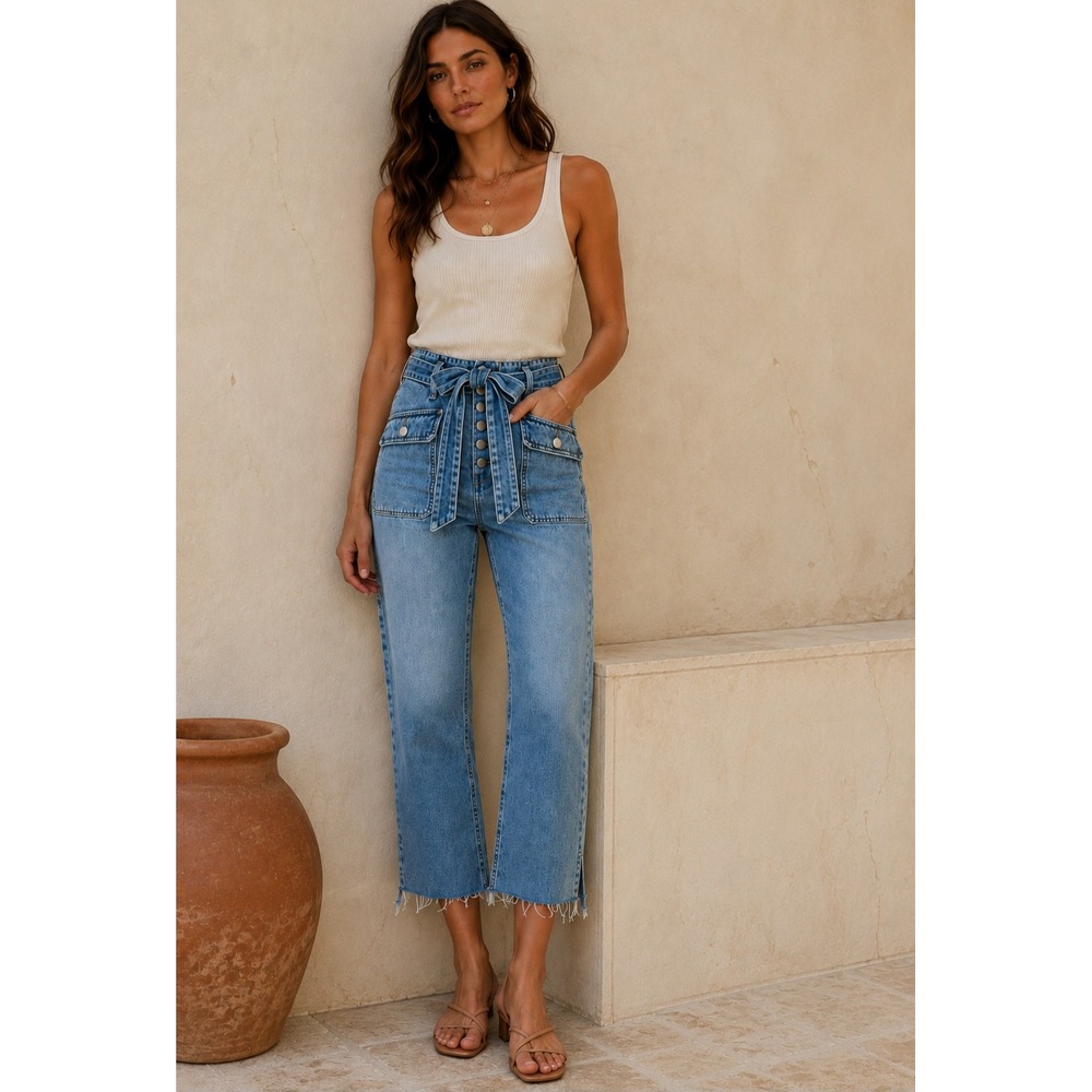 Veronica Beard Rinley Cropped Straight Leg Jeans Durango Blue Tie Waist 24